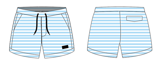 Solid Stripe 9 ~ sky/white small horizontal stripe swim shorts (Summer 2024)