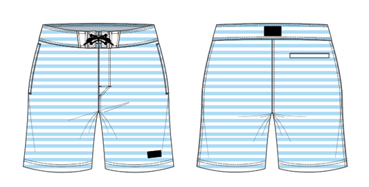 Solid Stripe 9 ~ sky/white small horizontal stripe board shorts (Summer 2024)