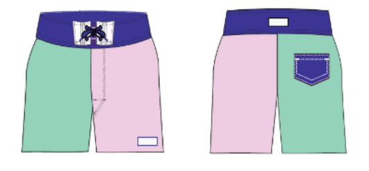 Colorblock 1 ~ green/pink/navy board shorts (Summer 2024)