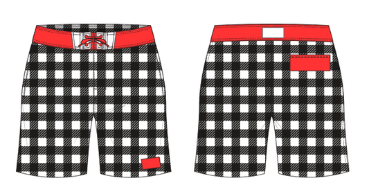 Gingham 5 ~ black/white/red board shorts (Summer 2024)