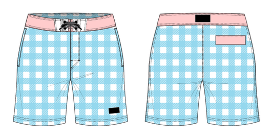 Gingham 6 ~ turquoise/white/pink board shorts (Summer 2024)