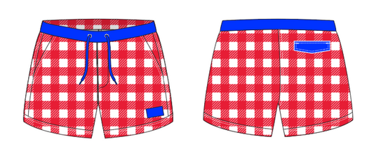 Gingham 7 ~ red/white/royal swim shorts (Summer 2024)