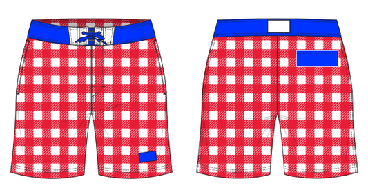 Gingham 7 ~ red/white/royal board shorts (Summer 2024)