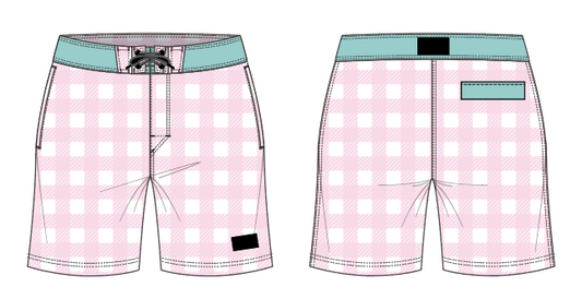 Gingham 9 ~ pink/white/seafoam board shorts (Summer 2024)