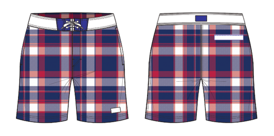 Plaid 7 ~ navy/red/white board shorts (Summer 2024)