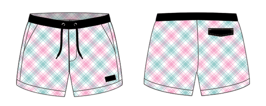 Plaid 9 ~ seafoam/pink/white swim shorts (Summer 2024)