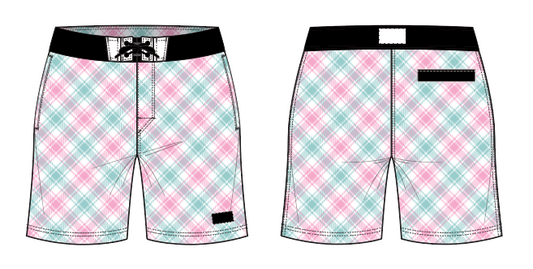 Plaid 9 ~ seafoam/pink/white board shorts (Summer 2024)