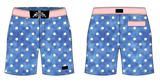 Polka Dot 10 ~ blue/white/pink board shorts (Summer 2024)