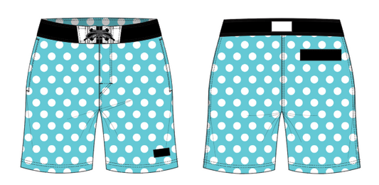 Polka Dot 3 ~ teal/white/black board shorts (Summer 2024) **