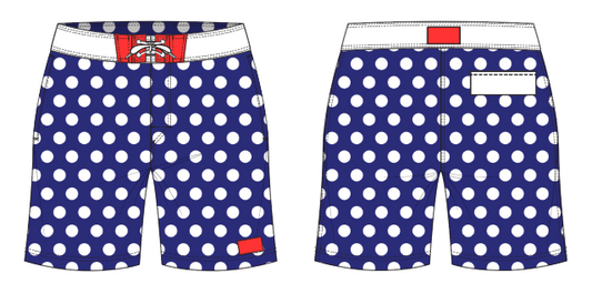 Polka Dot 4 ~ navy/white/red board shorts (Summer 2024)