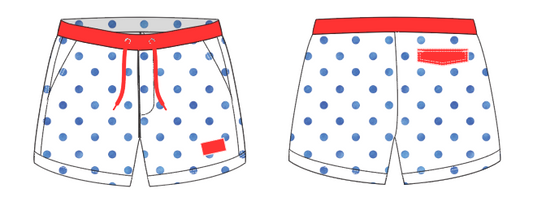 Polka Dot 9 ~ white/blue/red swim shorts (Summer 2024)