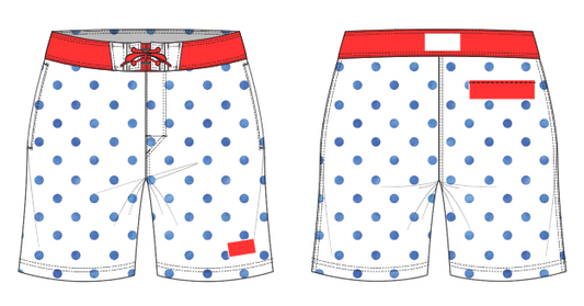 Polka Dot 9 ~ white/blue/red board shorts (Summer 2024)